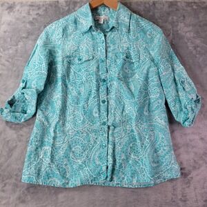 Kim Rogers Petite PS Linen Button Up Shirt Teal White Paisley‎ Roll Tab Sleeve